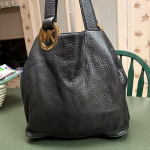 Michael Kors Black Leather Shoulder Bag with Gold Accents